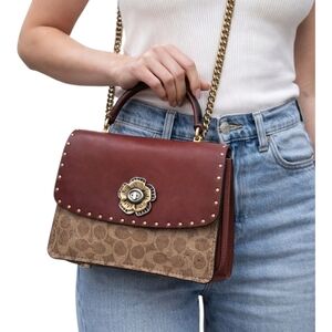 Coach Parker Rivets Tan Top Handle/ Crossbody Signature Canvas Oxblood